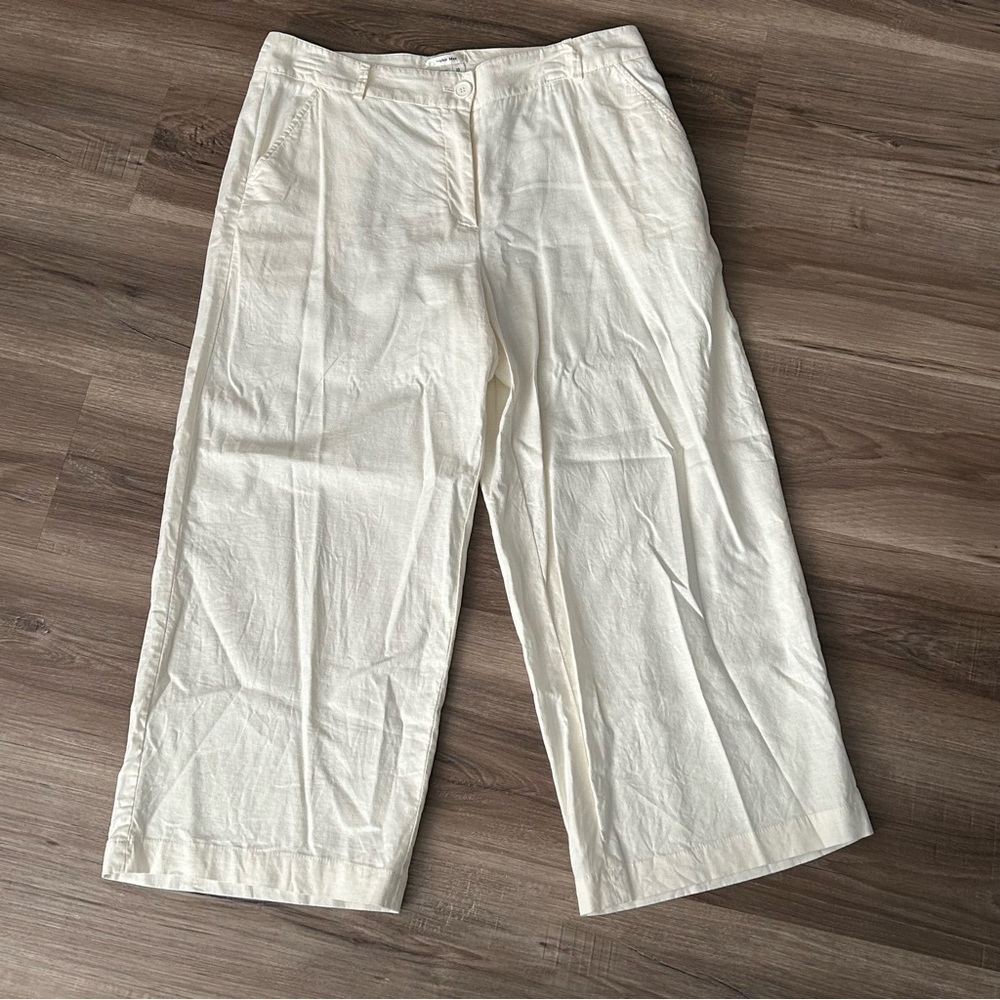 Sophie Max Ivory Linen Blend Straight Leg Crop Pants Women Size 10